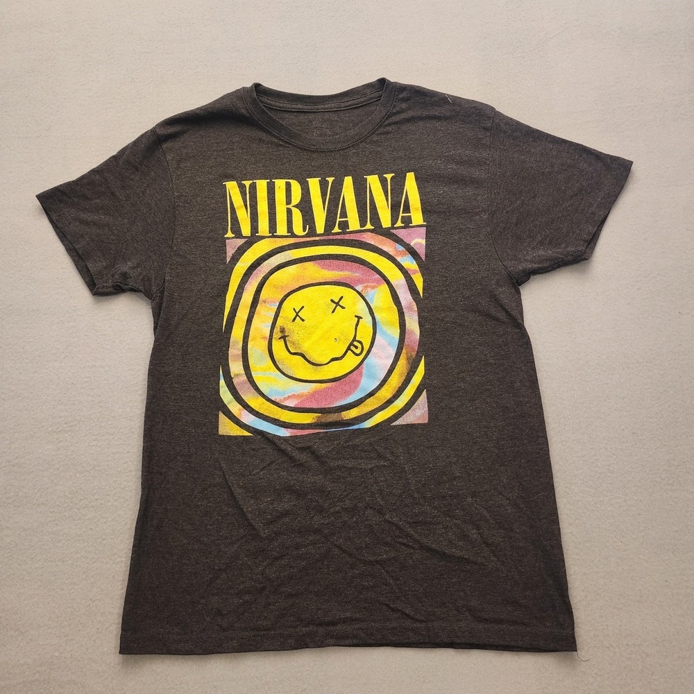 Nirvana‎ Smiley Face Band T Shirt Adult Medium Gray Grunge Rock Graphic Tee